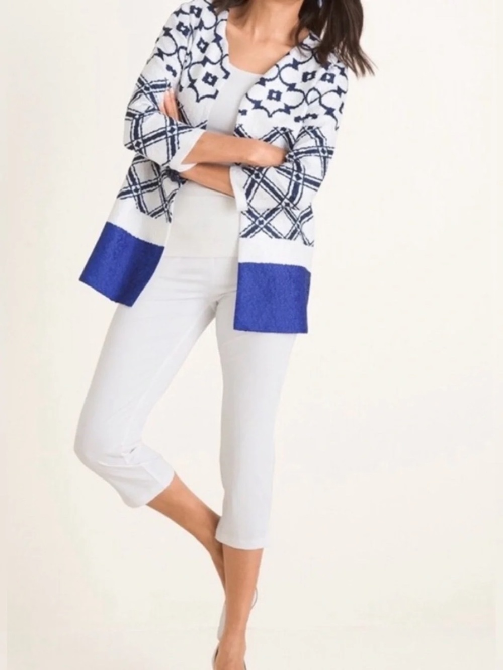 Chico’s Travelers Moroccan Crushed Jacket.  Winter Drift & blue.  2R US 12 / L